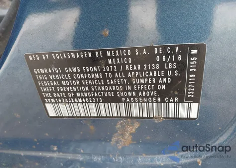 2016 Volkswagen Jetta 1.4T S from USA, damaged, VIN 3VW167AJXGM402213